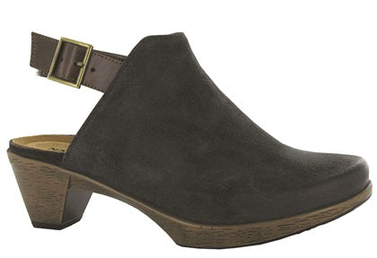 Naot Oily Midnight Suede/Walnut Leather Upgrade Womens 2 inch Open Back Shoes 44131-NIJ