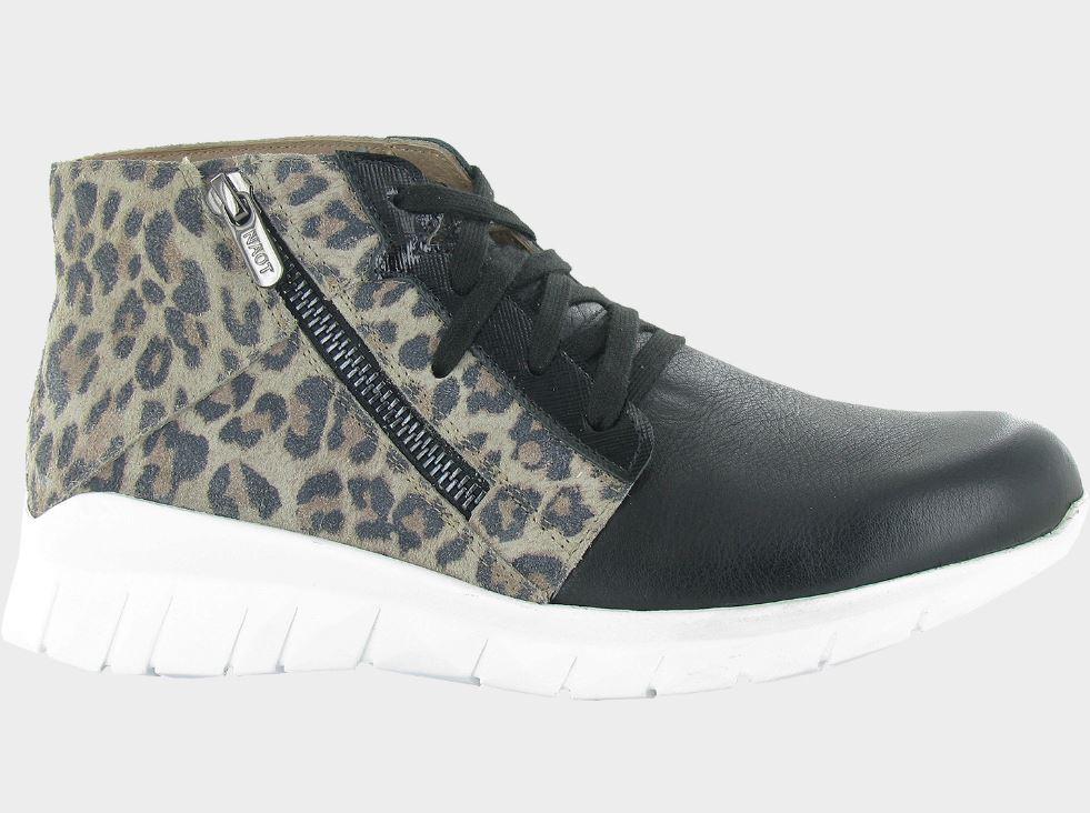 Naot Soft Black Leather and Cheetah Suede Polaris Ladies Athleisure Shoes 18022-NRC
