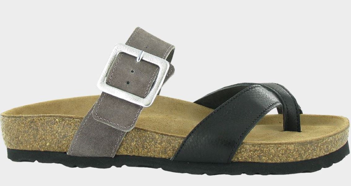 Naot Soft Black Leather and Taupe Gray Suede Fresno Womens Sandals 8250-NSV