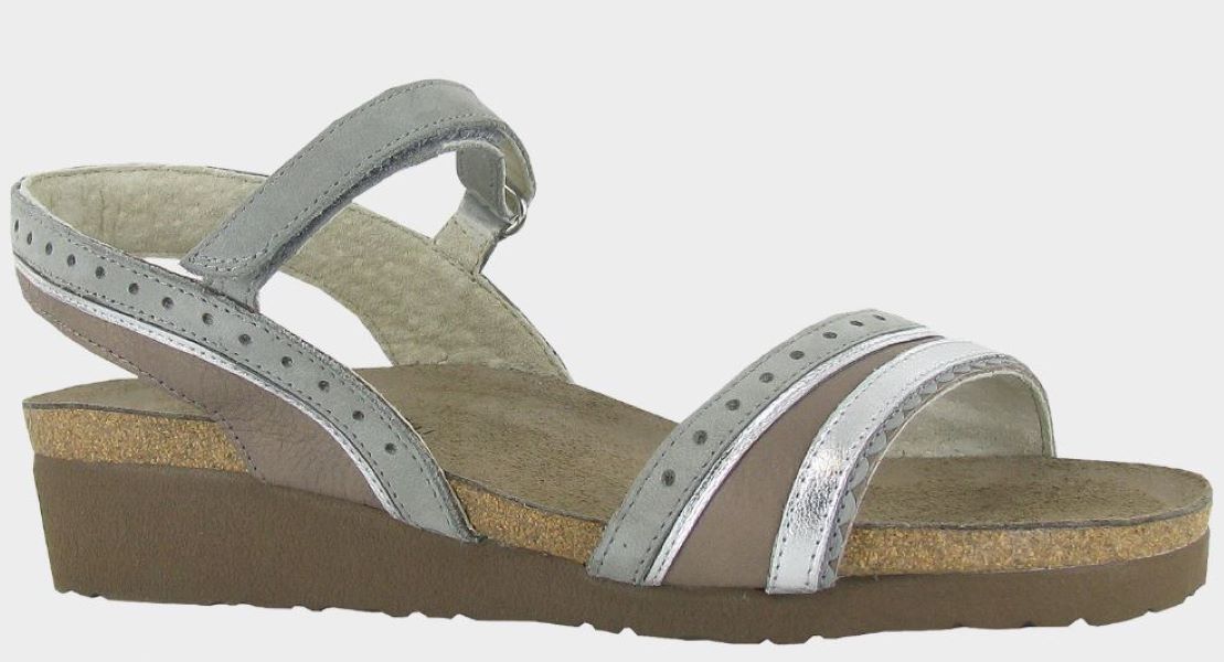 Naot Soft Stone Leather with Gray Nubuck and Soft Silver Leather Beverly Womens Sandals 4022-WFA