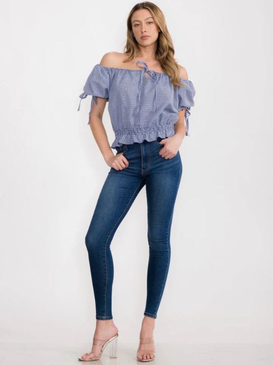 Navy Plaid Women's Off The Shoulder Elastic Waist Top H20C7860TW-NAVY