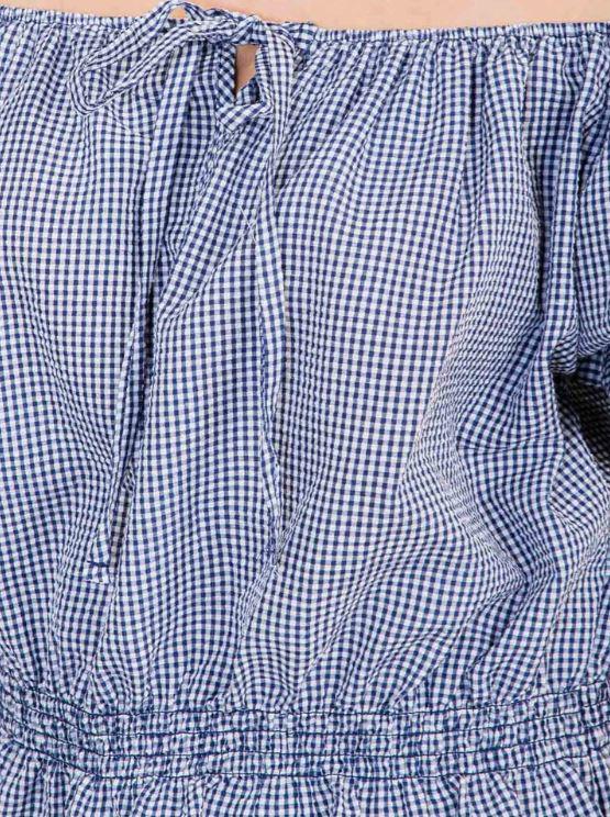 Navy Plaid Women's Off The Shoulder Elastic Waist Top H20C7860TW-NAVY