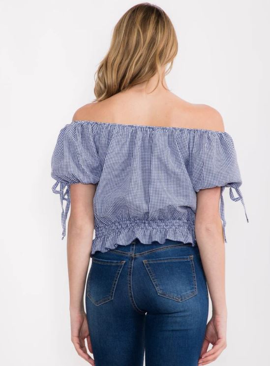 Navy Plaid Women's Off The Shoulder Elastic Waist Top H20C7860TW-NAVY