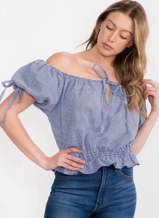 Navy Plaid Women's Off the Shoulder Elastic Waist Top H20C7860TW-NAVY