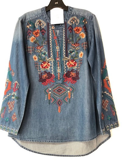 New Direction Women's Blue Denim Top with Embroidery 32411