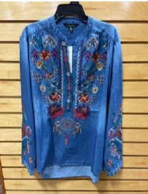 New Direction Women's Blue Jean Long Sleeve Embroidered Shirt 32417