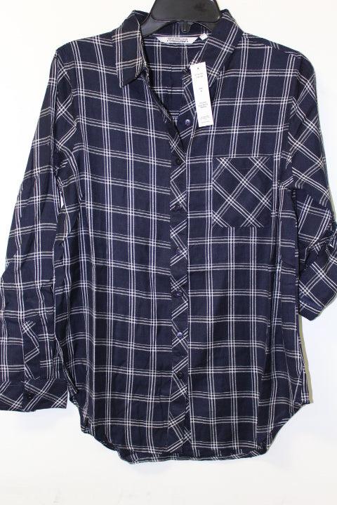 New Direction Women's Navy Plaid Roll Up Long Sleeve 31601-4494