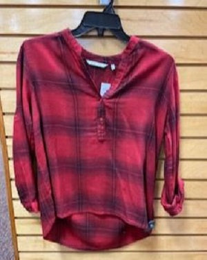 New Direction Women's Red/Black Plaid Pull Over Roll Up Sleeve Top 32054