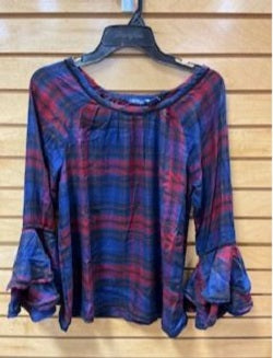 New Direction Women's Red/Navy Plaid Long Sleeve Shirt 30286