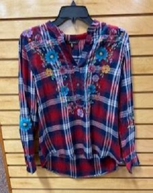New Direction Women's Red Plaid Long Sleeve Embroidered Top 32522