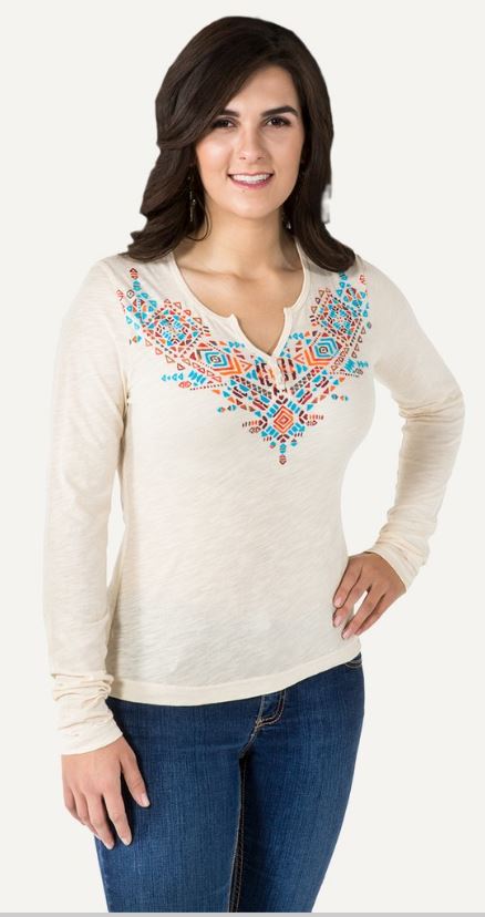 Noble Outfitters Free Spirit Henley Cream Long Sleeve Womens Shirt 21529-011