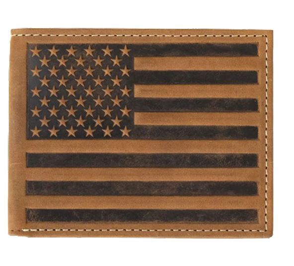 Nocona Brown Genuine Leather Men's Bifold Style Wallet with Embossed Flag Design N500044202