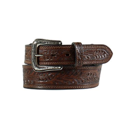 Nocona Brown Genuine Leather Men's Floral Tooled Tab Belt with Removable Buckle N210005402