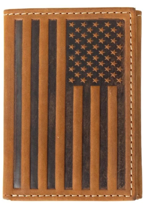 Nocona Brown Genuine Leather Men's Leather Trifold Style Wallet with Embossed Flag Design N500044302