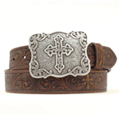 Nocona Brown Leather Belt with Tooled Pattern and Large Cross Buckle N3483802