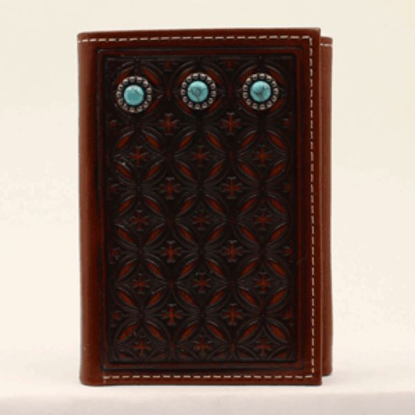 Nocona Brown Trifold Accented with Mens Turquoise Stones Embossed Wallet N500000108