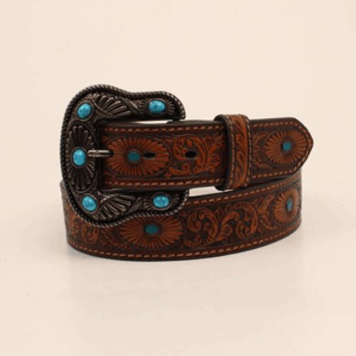 Nocona Brown Women's Leather Tooled Belt with Turquoise Stones N3412002