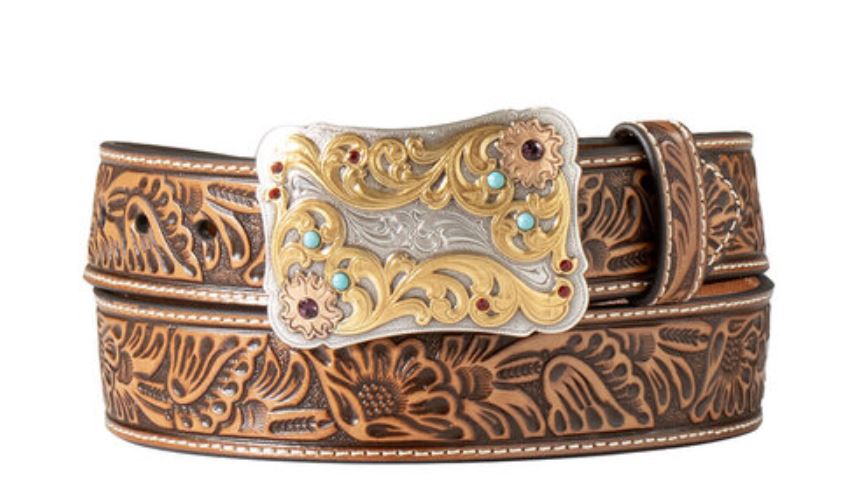Nocona Natural Genuine Leather Ladies Floral Embossed Scalloped Belt N320005648
