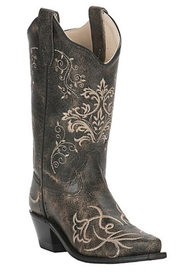 Old West Girls Vintage Charcoal Snip Toe with Embroidery Western Boot CF8222