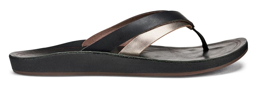 Olukai Black/Silver Kaekae Leather Womens Beach Sandals 20374-402K