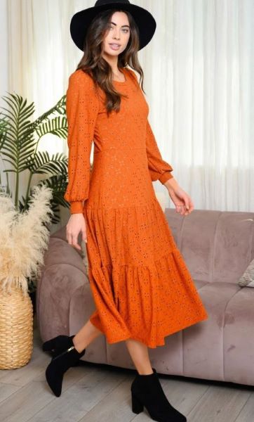 Orange Long Sleeve Eyelet Knit Womens Midi Dress DD-6-B-D1260L