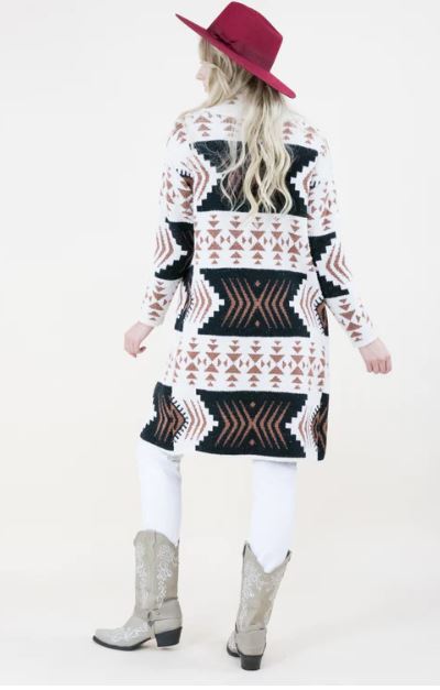 Original USA Beige Black Overlap Neckline Tribal Print Womens Cardigan FP64109