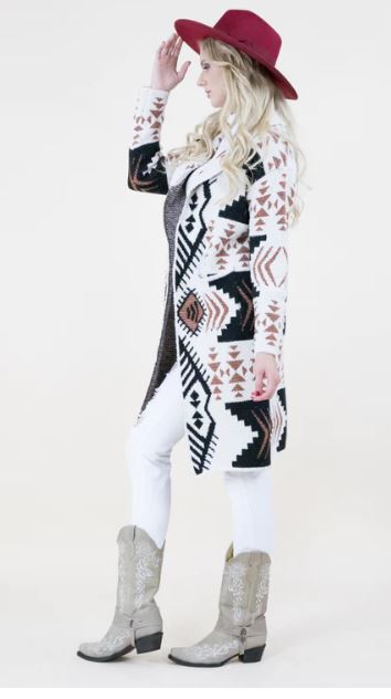 Original USA Beige Black Overlap Neckline Tribal Print Womens Cardigan FP64109