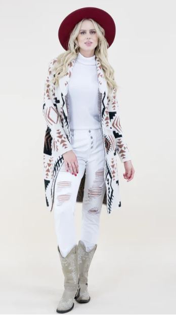 Original USA Beige Black Overlap Neckline Tribal Print Womens Cardigan FP64109