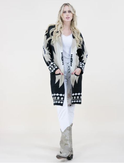 Original USA Black Tribal Geometric Print Womens Long Cardigan FP64106