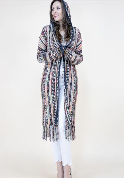 Original USA Black Tribal Stripe Womens Cardigan with Fringe & Hood FP64088