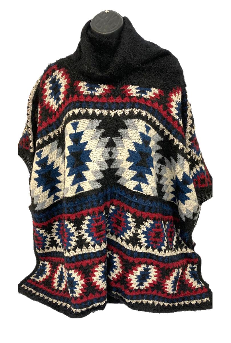 Original USA Black with Aztec Design Women's Turtleneck Poncho FP60130-BK