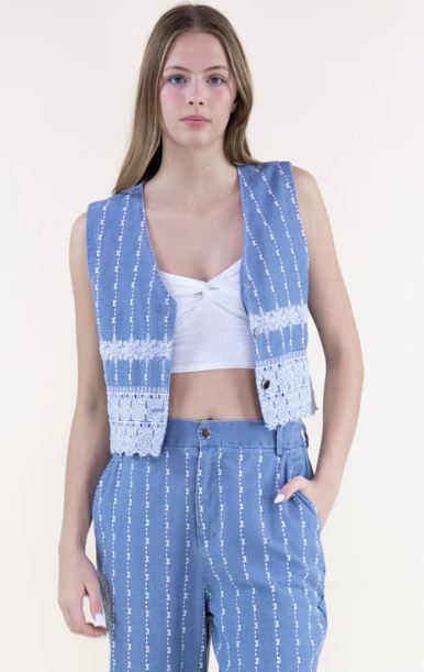 Original USA Chambray Denim Embroidered Pinstripe Vest FT85906