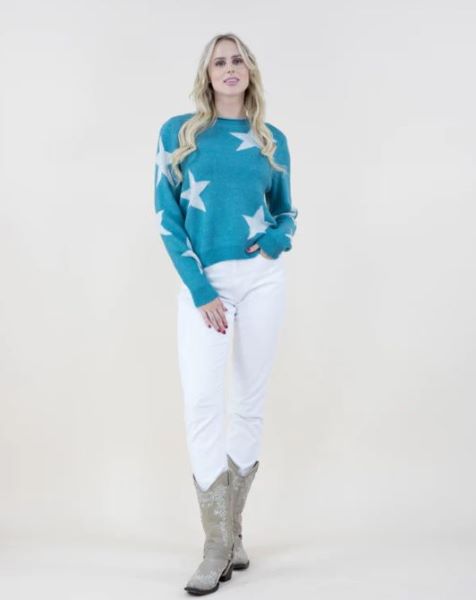 Original USA Turquoise Star Pattern Women's Crewneck Sweater FP62503-TQ