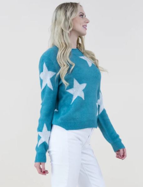Original USA Turquoise Star Pattern Women's Crewneck Sweater FP62503-TQ