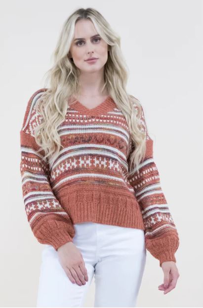 Original USA V-neck Rust Tribal Print Knitted Womens Sweater FP64043
