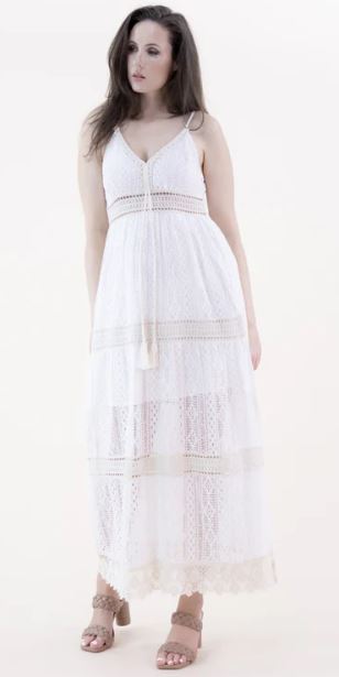 Original USA White Striped Lace & Crochet Side Slit Maxi Dress FT85210