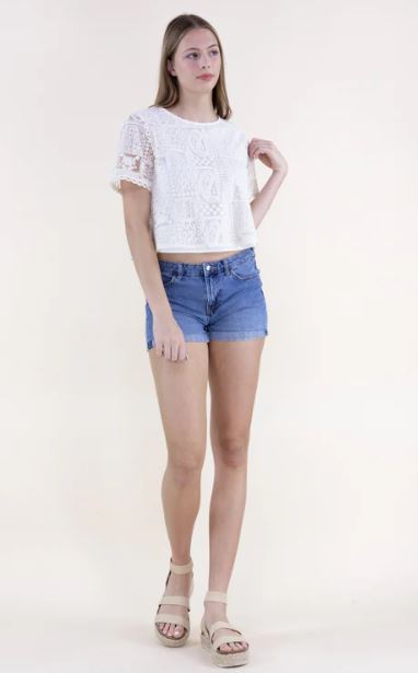 Originial USA Beige Sheer Lace Collage Short Sleeve Shirt FT85274