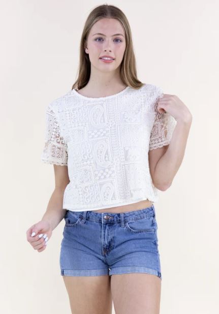 Originial USA Beige Sheer Lace Collage Short Sleeve Shirt FT85274