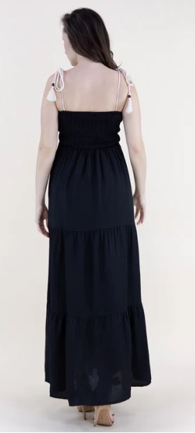 Originial USA Black Medallion Embroidered Bodice Rope Straps Maxi Dress FT85232