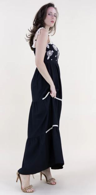 Originial USA Black Medallion Embroidered Bodice Rope Straps Maxi Dress FT85232