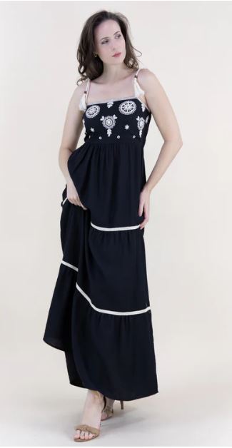 Originial USA Black Medallion Embroidered Bodice Rope Straps Maxi Dress FT85232
