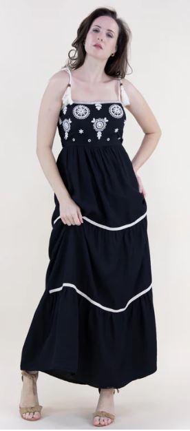 Originial USA Black Medallion Embroidered Bodice Rope Straps Maxi Dress FT85232