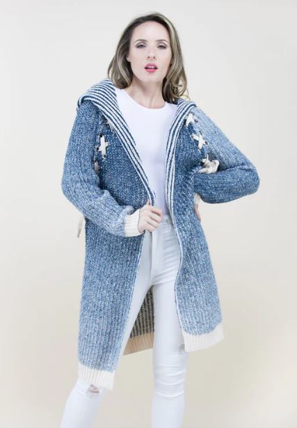 Originial USA Denim Long Womens Cardigan Laced Shoulder with Hood FP63011