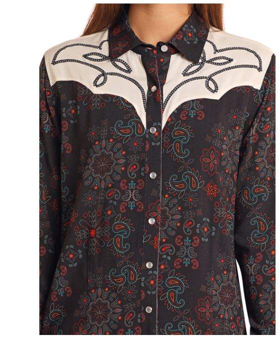 Panhandle Black Printed Women's Snap Dress With Chainstitch Embroidered Yokes LWD2RO5186