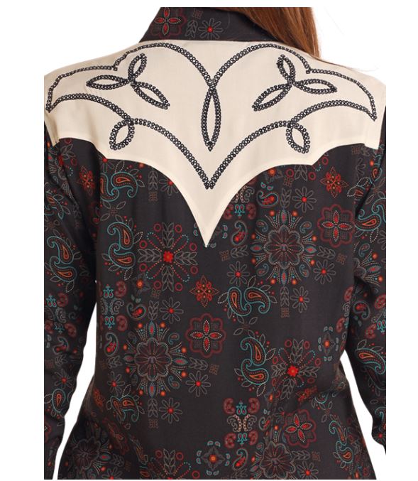 Panhandle Black Printed Women's Snap Dress With Chainstitch Embroidered Yokes LWD2RO5186