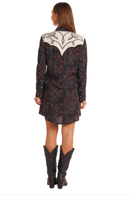 Panhandle Black Printed Women's Snap Dress With Chainstitch Embroidered Yokes LWD2RO5186