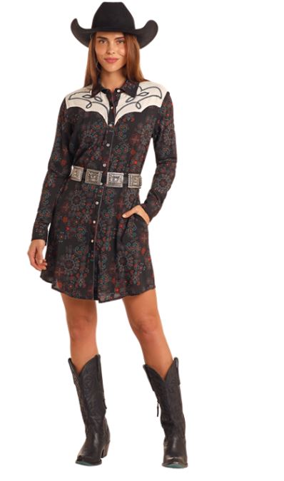 Panhandle Black Printed Women's Snap Dress with Chainstitch Embroidered Yokes LWD2RO5186