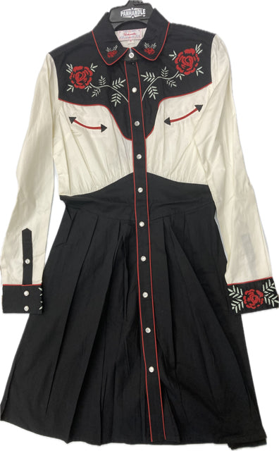 Panhandle Black/White Women's Collared Retro Western Snap Dress with Chainstitch Embroidery LWD2RO5187
