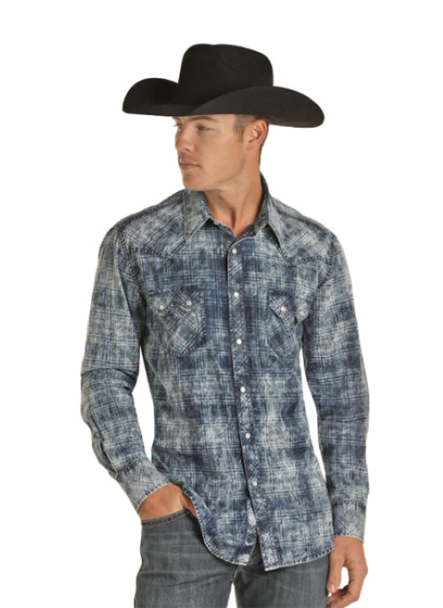 Panhandle Blue Yarndye Denim Plaid Men's Long Sleeve Snap Shirt B2S1306