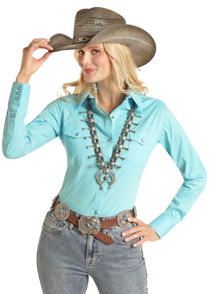 Panhandle Bright Turquoise Ladies Long Sleeve Solid Snap Shirt PSWSOSR0XX